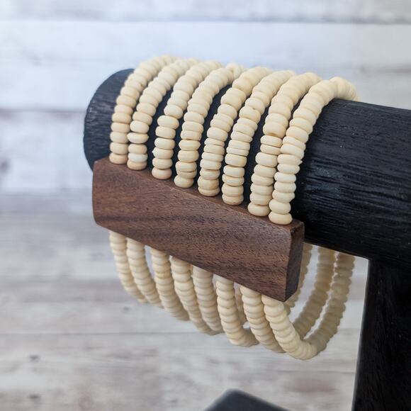 Vintage Stretch Bracelet Wide Cream and Brown Statement - Picture 1 of 9